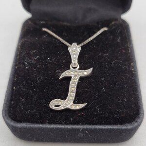 JC Sterling Silver Marcasite Initial T Pendant Necklace 925 Italy Box Chain